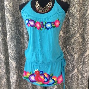 Embroidered blue halter tank